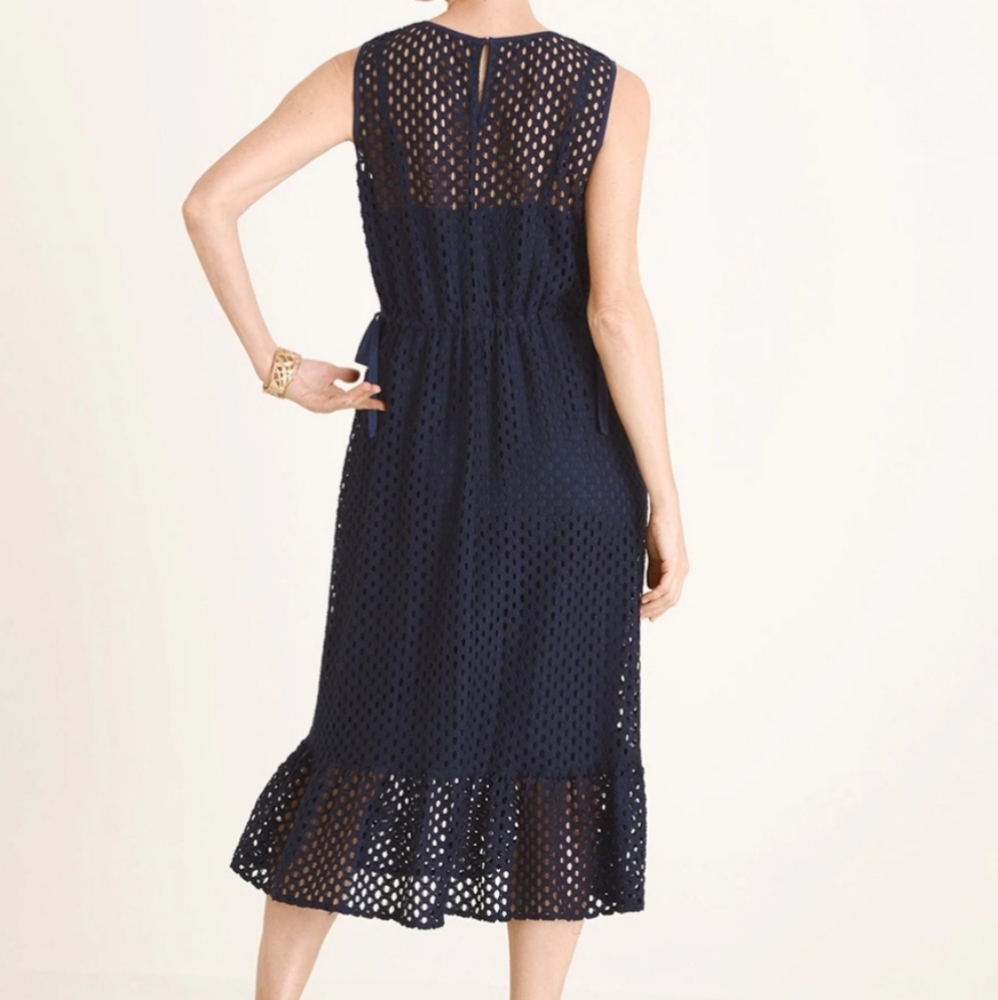 SOLD Chicos Sz 3 Shift Dress Navy Eyelet Side Ties - Picture 2 of 7